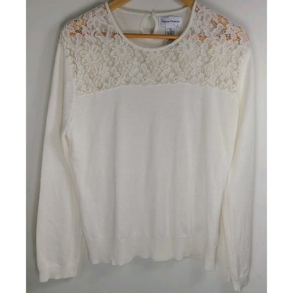 Rena Rowan Sweaters - Vtg Rena Rowan Ivory Knit Lace Pearl Embellished Knit Blouse Top Womens Size L